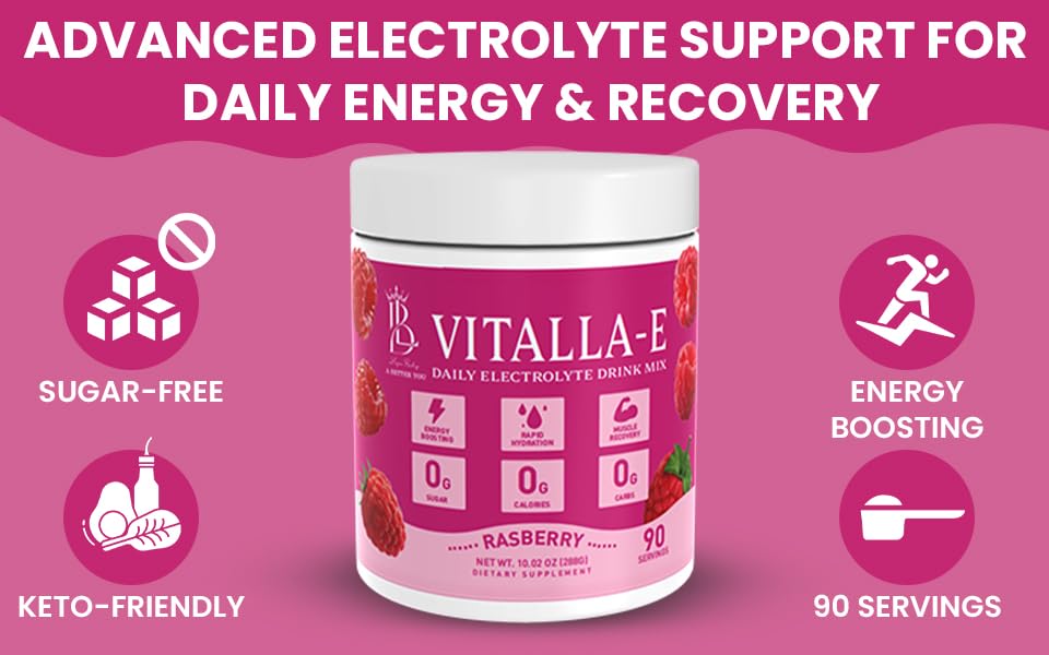 VITALLA-E Daily Electrolyte Powder Drink Mix (Sugar Free) – Raspberry, 10.16 oz / 90 Servings – Hydration Powder with 6 Key Electrolytes and Trace Minerals – Keto Friendly, Non-GMO