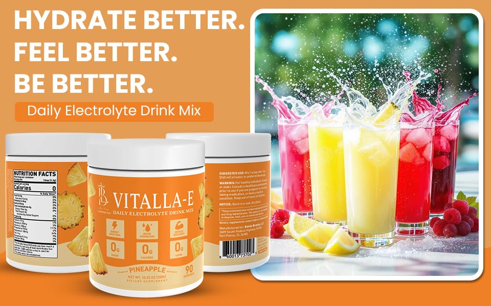 VITALLA-E Daily Electrolyte Powder Drink Mix (Sugar Free) – Pineapple, 10.16 oz / 90 Servings – Hydration Powder with 6 Key Electrolytes and Trace Minerals – Keto Friendly, Non-GMO