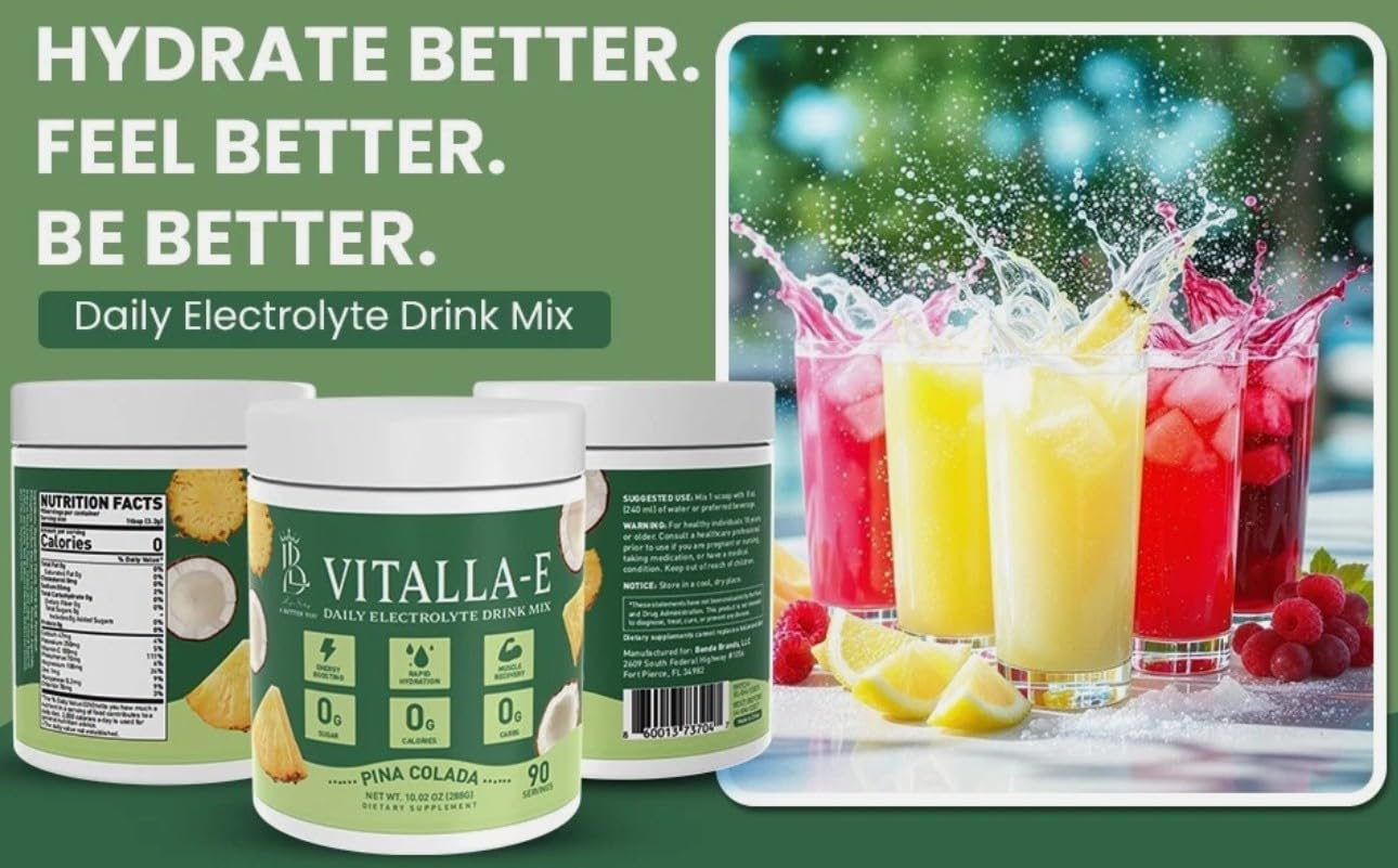VITALLA‑E Electrolyte Powder Drink Mix – Sugar-Free, Zero Calorie Hydration – Pina Colada Flavor, 90 Servings – Keto Friendly, 6 Key Electrolytes, Non-GMO