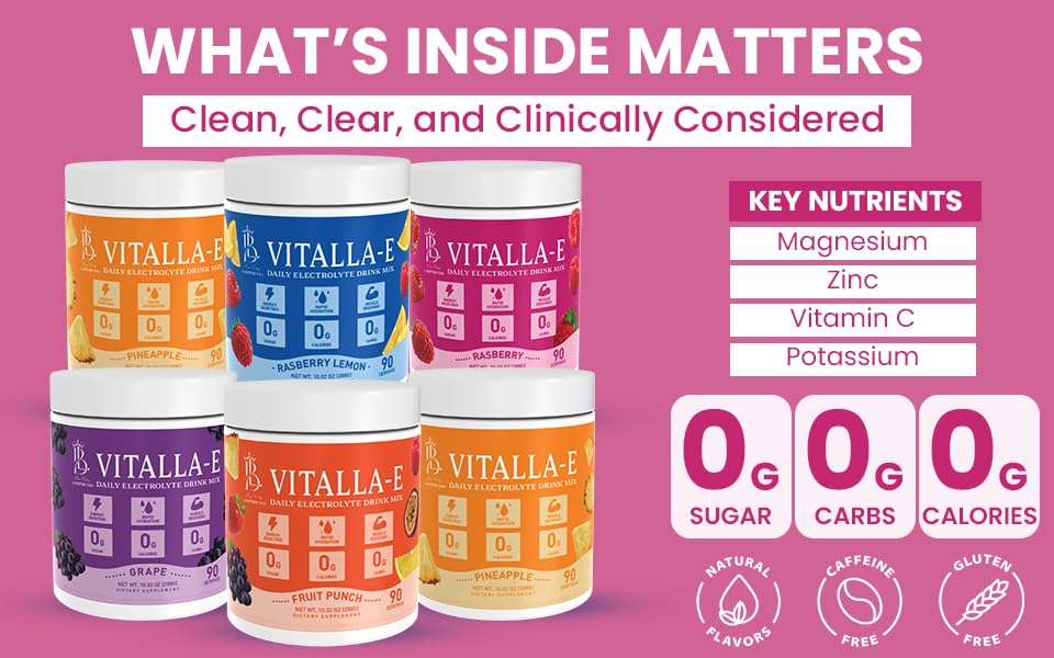VITALLA-E Daily Electrolyte Powder Drink Mix (Sugar Free) – Raspberry, 10.16 oz / 90 Servings – Hydration Powder with 6 Key Electrolytes and Trace Minerals – Keto Friendly, Non-GMO