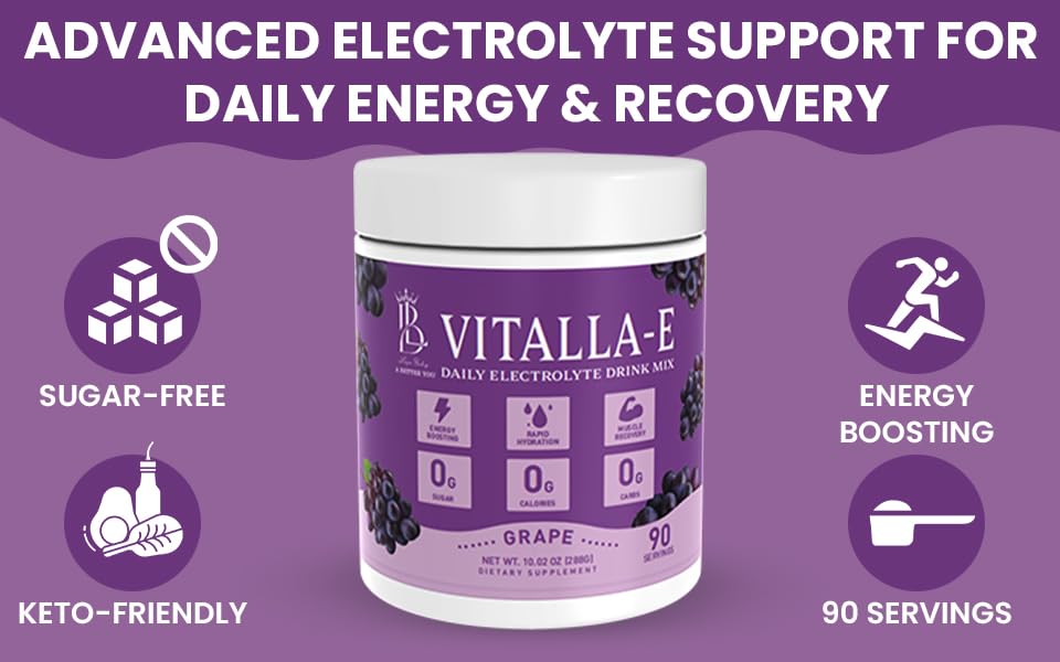 VITALLA-E Daily Electrolyte Powder Drink Mix (Sugar Free) – Grape, 10.16 oz / 90 Servings – Hydration Powder with 6 Key Electrolytes and Trace Minerals – Keto Friendly, Non-GMO
