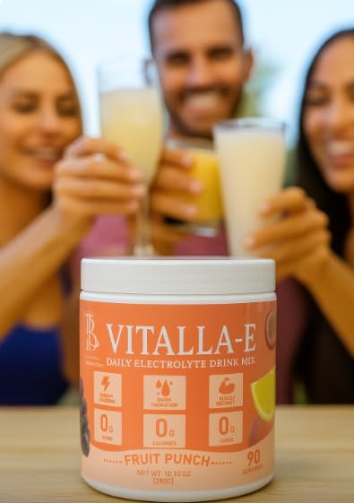 VITALLA-E Daily Electrolyte Powder Drink Mix (Sugar Free) – Fruit Punch, 10.16 oz / 90 Servings – Hydration Powder with 6 Key Electrolytes and Trace Minerals – Keto Friendly, Non-GMO