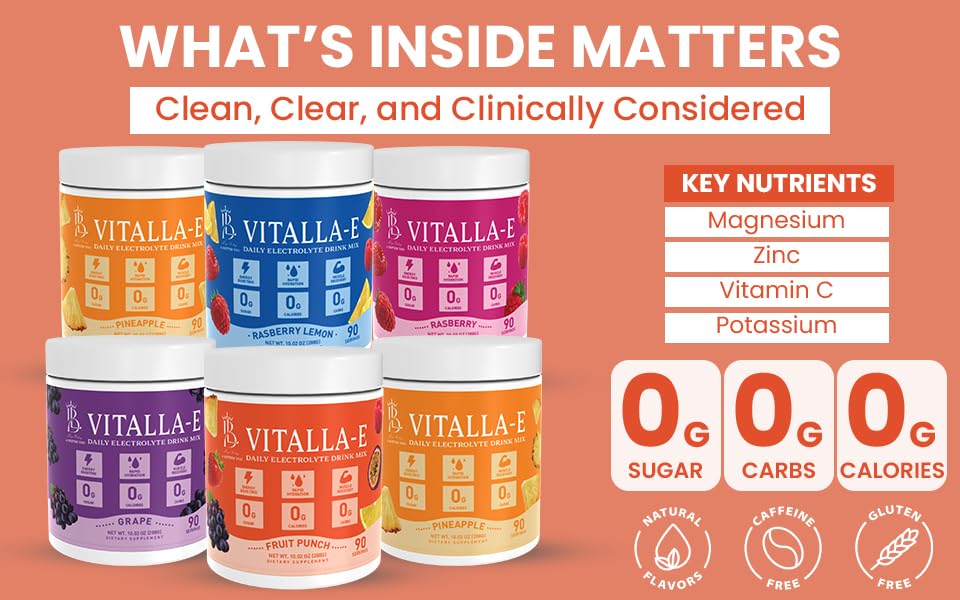 VITALLA-E Daily Electrolyte Powder Drink Mix (Sugar Free) – Fruit Punch, 10.16 oz / 90 Servings – Hydration Powder with 6 Key Electrolytes and Trace Minerals – Keto Friendly, Non-GMO