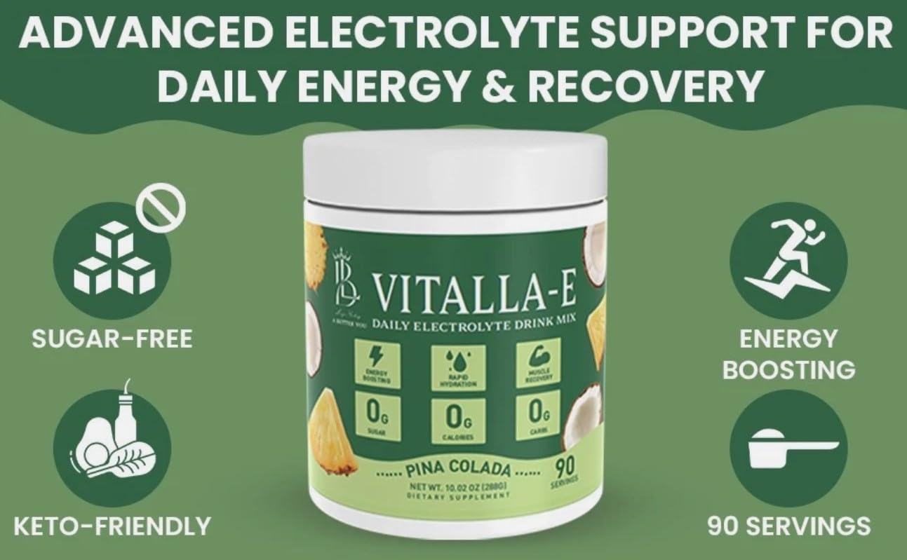 VITALLA‑E Electrolyte Powder Drink Mix – Sugar-Free, Zero Calorie Hydration – Pina Colada Flavor, 90 Servings – Keto Friendly, 6 Key Electrolytes, Non-GMO