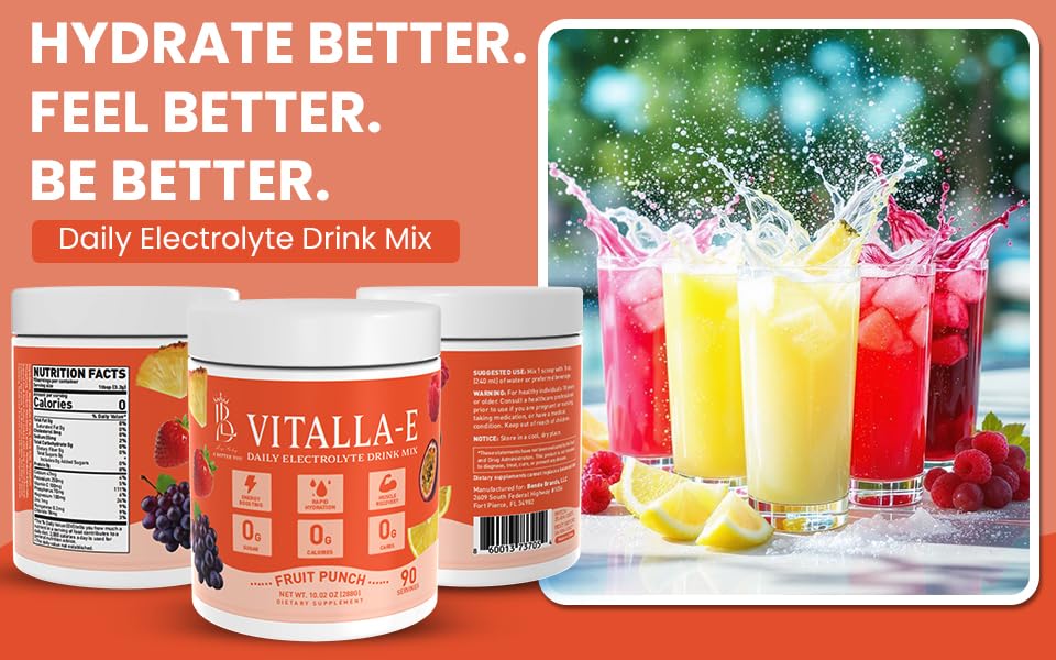 VITALLA-E Daily Electrolyte Powder Drink Mix (Sugar Free) – Fruit Punch, 10.16 oz / 90 Servings – Hydration Powder with 6 Key Electrolytes and Trace Minerals – Keto Friendly, Non-GMO