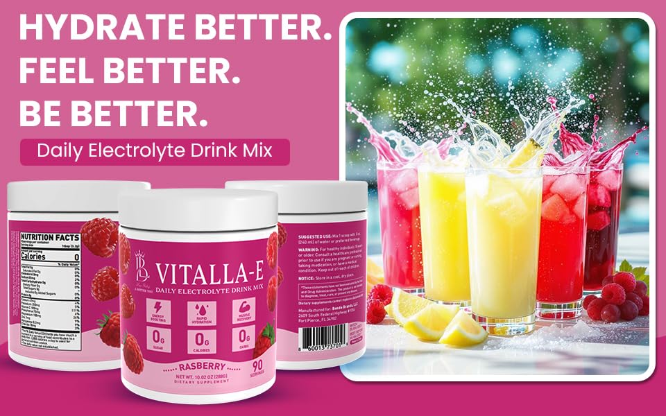 VITALLA-E Daily Electrolyte Powder Drink Mix (Sugar Free) – Raspberry, 10.16 oz / 90 Servings – Hydration Powder with 6 Key Electrolytes and Trace Minerals – Keto Friendly, Non-GMO