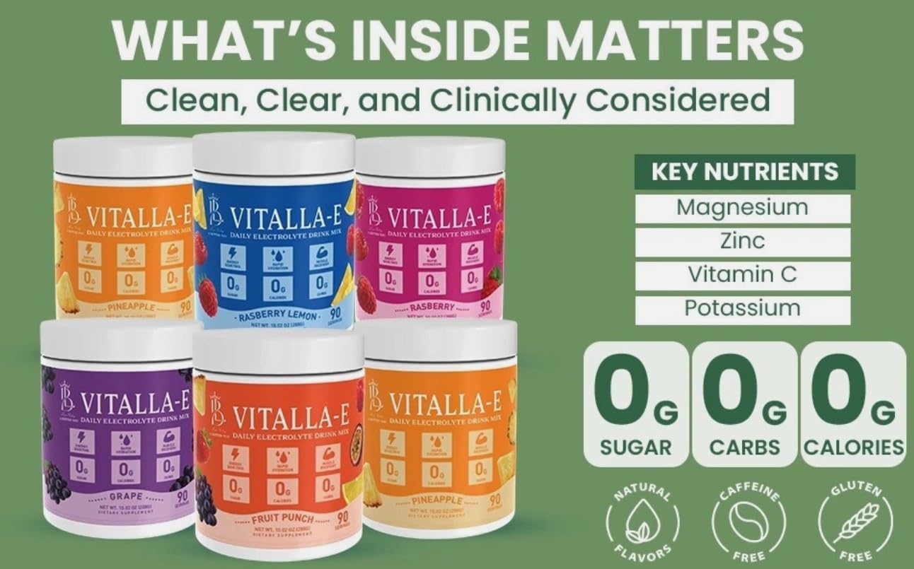VITALLA‑E Electrolyte Powder Drink Mix – Sugar-Free, Zero Calorie Hydration – Pina Colada Flavor, 90 Servings – Keto Friendly, 6 Key Electrolytes, Non-GMO