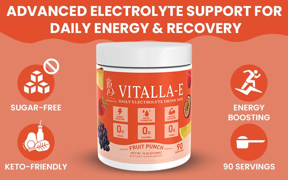 VITALLA-E Daily Electrolyte Powder Drink Mix (Sugar Free) – Fruit Punch, 10.16 oz / 90 Servings – Hydration Powder with 6 Key Electrolytes and Trace Minerals – Keto Friendly, Non-GMO