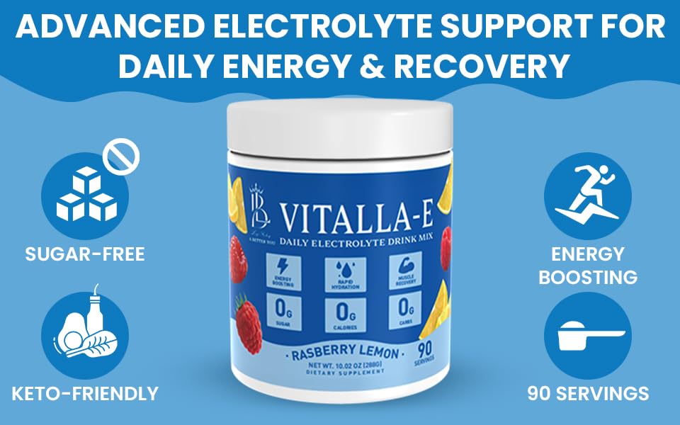 VITALLA-E Daily Electrolyte Powder Drink Mix (Sugar Free) – Raspberry Lemon, 10.16 oz / 90 Servings – Hydration Powder with 6 Key Electrolytes and Trace Minerals – Keto Friendly, Non-GMO