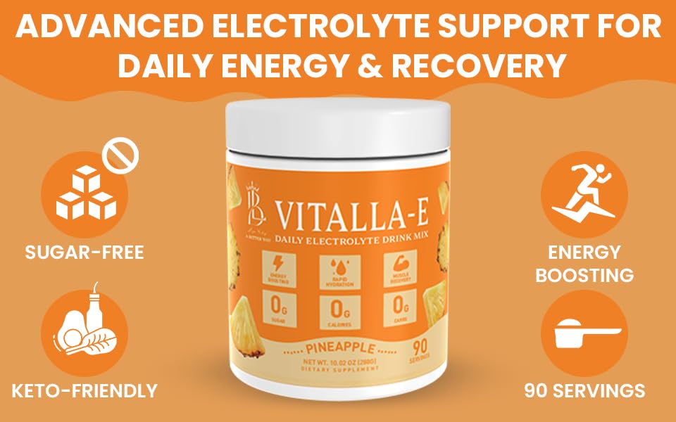 VITALLA-E Daily Electrolyte Powder Drink Mix (Sugar Free) – Pineapple, 10.16 oz / 90 Servings – Hydration Powder with 6 Key Electrolytes and Trace Minerals – Keto Friendly, Non-GMO