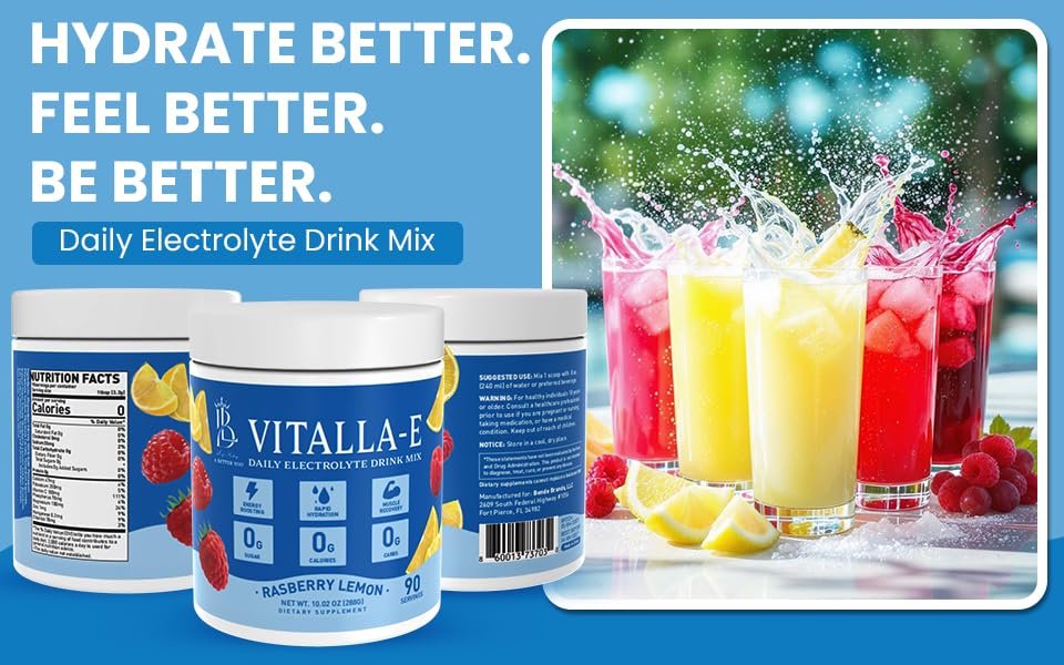 VITALLA-E Daily Electrolyte Powder Drink Mix (Sugar Free) – Raspberry Lemon, 10.16 oz / 90 Servings – Hydration Powder with 6 Key Electrolytes and Trace Minerals – Keto Friendly, Non-GMO