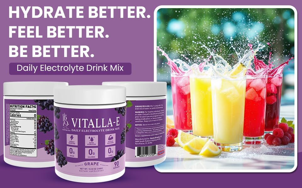 VITALLA-E Daily Electrolyte Powder Drink Mix (Sugar Free) – Grape, 10.16 oz / 90 Servings – Hydration Powder with 6 Key Electrolytes and Trace Minerals – Keto Friendly, Non-GMO